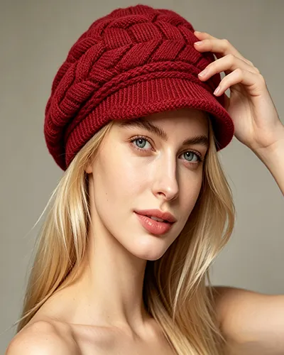 Red Knit Beret Hat With Visor Brim